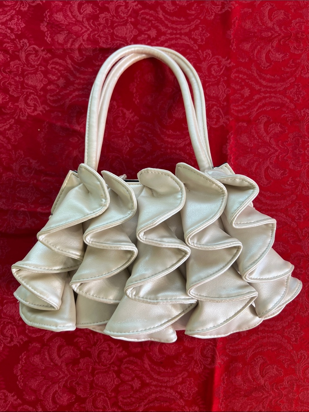 Sondra Roberts Cream Ruffle Shoulder Bag Faux Leather Small Handbag